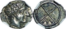 Ancient Coin-Greek; Gaul-Massalia Apollo IV Silver Obol. . NGC Ch AU. EF+. 0.80g. . .