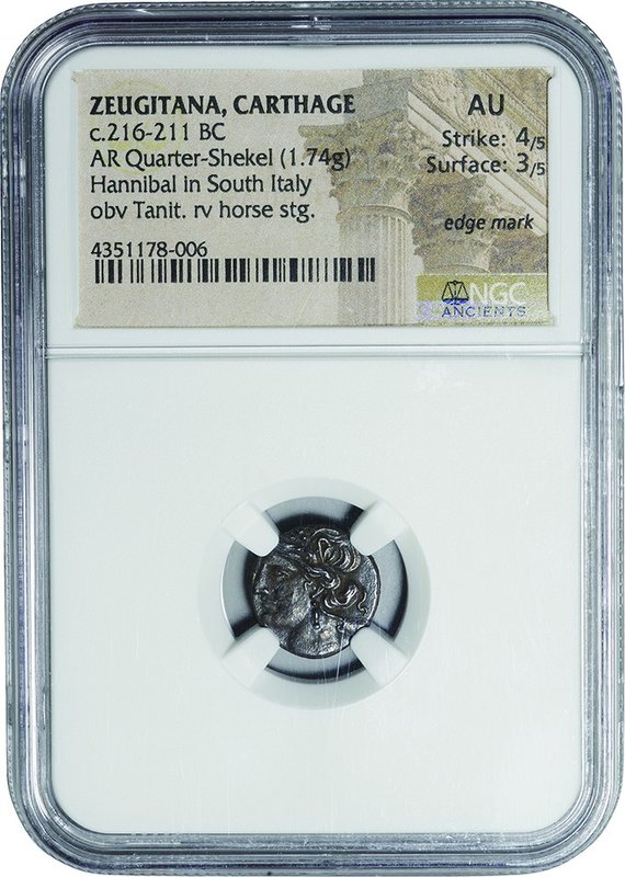 Ancient Coin-Greek; Zeugitana Carthage Hannibal Silver 1/4 Shekel. 216. NGC AU. ...