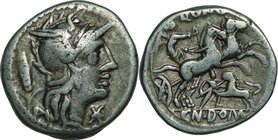 Ancient Coin-Roman Republic; Cn.Domitius Ahenobarbus Silver Denarius. 128. NGC F. F. . . .