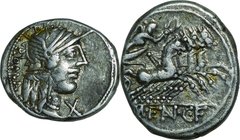 Ancient Coin-Roman Republic; M.Fannius Roma/Quadriga(Victory) Silver Denarius. 123. NGC VF. F. . . .