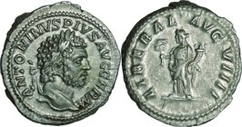 Ancient Coin-Roman Empire; Caracalla/Liberalitas standing Silver Denarius. 198. NGC Ch XF. EF. . . .