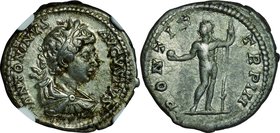 Ancient Coin-Roman Empire; Caracalla/Sol standing Silver Denarius. 198. NGC Ch VF. VF-EF. . . .