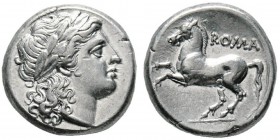 Didrachme, Rome, 234-231 avant JC, AG 6.71 g. Avers : Tête laurée d'Apollon à droite, les cheveux tombant sur la nuque. Revers : Cheval se cabrant à g...