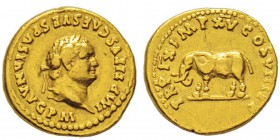 Titus 79-81 Aureus, Rome, 79-80, AU 7.29 g. Avers : IMP TITVS CAES VESPASIAN AVG P M Tête laurée de Titus à droite. Revers : TR P IX IMP XV COS VIII P...