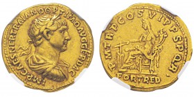 Traianus 98-117 Aureus, Rome, 112-117, AU 7.25 g. Avers : IMP CAES NER TRAIANO OPTIMO AVG GER DAC Buste lauré, drapé et cuirassé de Traianus à droite....