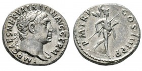 Traianus 98-117 Denarius, Rome, 101-102, AG 3.54 g. Avers : IMP CAES NERVA TRAIAN AVG GERM Tête laurée à droite. Revers : P M TR P COS IIII P P Mars n...