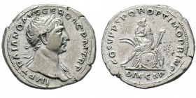 Traianus 98-117 Denarius, Rome, 103-111, AG 3.57 g. Avers : IMP TRAIANO AVG GER DAC P M TR P Tête laurée à droite. Revers : COS V P P S P Q R OPTIMO P...