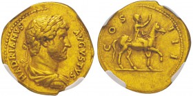 Hadrianus 117-138 Aureus, Rome, 125-128, AU 7.32 g. Avers : HADRIANVS - AVGVSTVS Buste lauré d'Hadrien à droite. Revers : COS III Hadrien à cheval a d...