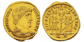 Magnentius 350-353 Solidus, Rome, 350, AU 4.46 g. Avers : D N MAGNEN TIVS P F AVG Buste tête nue, drapé et cuirassé de Magnence à droite. Revers : BIS...