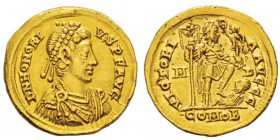 Honorius 393-423 Solidus, Milan, 402-403, AU 4.45 g. Avers : DN HONORI VS P F AVG Buste diadémé, drapé et cuirassé d’Honorius à droite. Revers : VICTO...