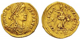 Honorius 393-423 Tremissis, Ravenna, 400-405, AU 1.46 g. Avers : DN HONORI - VS P F AVG Buste d'Honorius à droite. Revers : VICTORIA - AVGVSTORVM à l'...