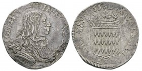 Monaco, Honoré II 1604-1662 Écu de 3 Livres ou 60 Sols, 1655, AG 26.9 g. Avers : HON II D G PRIN MONOECI Buste drapé et cuirassé à droite. Revers : DV...