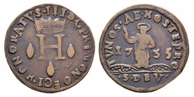 Monaco, Honoré III 1733-1795 Dardenna ou 6 deniers, 1735, Billon 4 g. Avers : HONORATVS III D G PR MONOECI H couronné accosté de trois fuseaux Revers ...