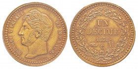 Monaco, Honoré V 1819-1841 Décime en bronze, 1838M , AE 18 g. Concours Monétaire entre Borrel et Rogat, tranche lisse. Ref : G. MC111, KM#PN5 Conserva...