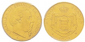 Monaco, Charles III 1856-1889 20 francs, 1878A, 7 haut, AU 6.45 g. Ref : G. MC120, Fr.12 Conservation : PCGS AU58