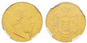 Monaco, Charles III 1856-1889 20 Francs, 1879A, ancre barrée, AU 6.45 g. Ref : G. MC120, Fr.12 Conservation : NGC AU58