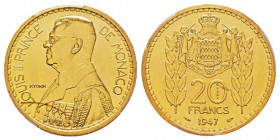 Monaco, Louis II 1922-1949 Essai de 20 Francs, 1947, AU 18.8 g. Avers : LOUIS II PRINCE DE MONACO essai, Buste à gauche en grand uniforme, à gauche si...