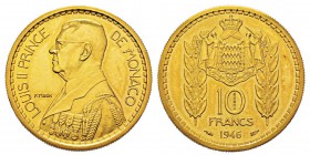 Monaco, Louis II 1922-1949 Essai de 10 Francs, 1946, AU 13.5 g. Avers : LOUIS II PRINCE DE MONACO, Buste à gauche en grand uniforme, à gauche du buste...