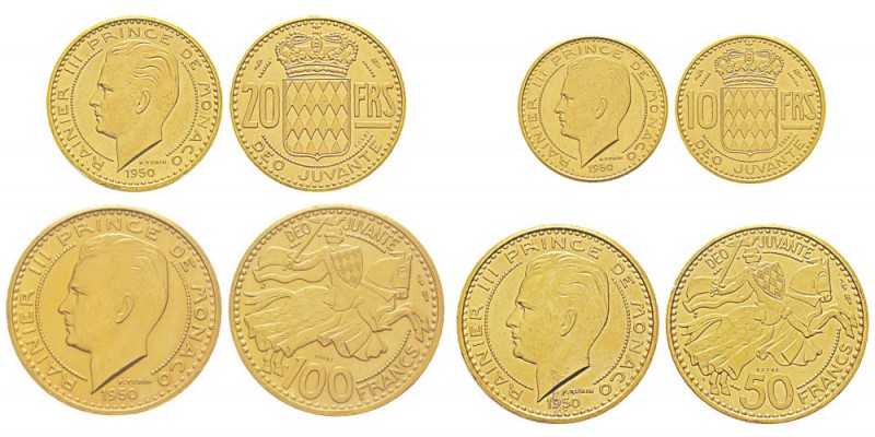 Monaco, Rainier 1949-2005 Piéforts de 100, 50, 20, 10 Francs, 1950, AU 51 g. 41 ...