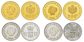 Monaco, Rainier 1949-2005 Série Complète de pièces en or et en argent 1966, contenant 2 monnaies de 200 francs en or (Proof et FDC) et 2 monnaies de 1...