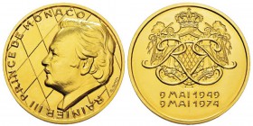 Monaco, Rainier 1949-2005 Médaille en or, g.Simon, 1974, AU 64.3 g. 920‰ 41mm. Avers : RAINIER III PRINCE DE MONACO tête à gauche; à droite, signature...
