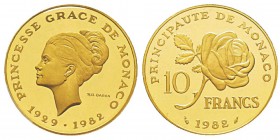 Monaco, Rainier 1949-2005 Piéfort de 10 Francs, 1982, AU 38.8 g. Avers : PRINCESSE GRACE DE MONACO / 1929 - 1982 Tête nue de Grace de Monaco à gauche,...