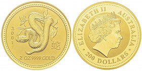 Australia, Elizabeth II 1952- 200 Dollars Year of the Snake, 2001, AU 62.2 g. 999‰ Ref : KM#704 Conservation : PCGS MS65