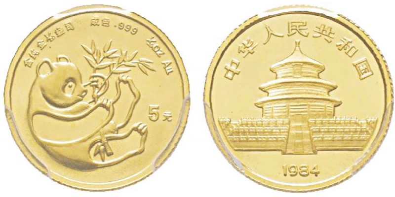 China, 5 Yuan, 1984, AU 1.55 g. 999‰ Ref : KM#86, PAN-17A Conservation : PCGS MS...