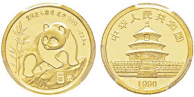 China, 5 Yuan, 1990, AU 1.55 g. 999‰ Ref : KM#268, PAN-122A Conservation : PCGS MS68 Large Date