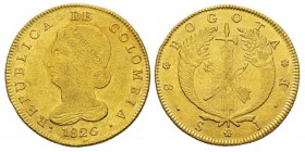Colombia, Gran Colombia 1819-1831 8 Escudos, Bogota, 1826 JF, AU 27 g. Ref : KM#82.1, Fr.67 Conservation : rayure sur le visage sinon Superbe.