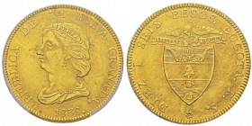 Colombia, Nueva Granada 1832-1858 16 Pesos, Bogota, 1838 RS, AU 27 g. Ref : KM#94.1, Fr.74 Conservation : PCGS Genuine. Léger nettoyage sinon pr.FDC