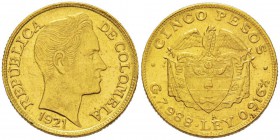 Colombia, Republica de Columbia 1886 - 5 Pesos, 1921 A, AU 7.98 g. 917‰ Ref : KM#201.1, Sedwick 53 Conservation : FDC. Très rare.