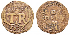 CORSICA (Kingdom of) Théodore de Neuhof 1736 2 et 1/2 soldi, Orezza, 1736, AE 1.65 g. Avers : dans un cercle de grènetis, TR (Théodorux Rex) sous une ...