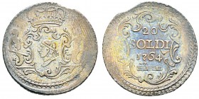 CORSICA (Kingdom of) Pascal Paoli 1762-1768 20 soldi, Murato, 1764, AG 3.49 g. Avers : Dans un cercle linéaire surmonté d'une fine guirlande, tête de ...