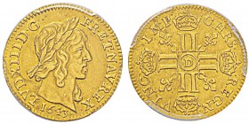 France, Louis XIII 1610-1643 Demi Louis d’or, mèche courte, Lyon, 1643 D, AU 3.37 g. Avers : LVD XIII D G FR ET NAV REX Buste lauré à droite du Roi. R...