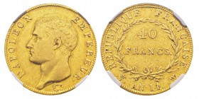 France, Premier Empire 1804-1814 40 Francs, Lille, AN 14 W, AU 12.9 g. Ref : G.1081, Fr.483 Conservation : NGC XF40. Deuxième plus haut grade. Quantit...