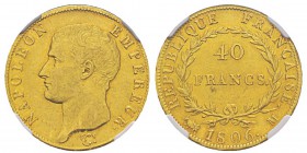 France, Premier Empire 1804-1814 40 Francs, Toulouse, 1806 M, AU 12.9 g. Ref : G.1082, Fr.486 Conservation : NGC AU50. Le plus bel exemplaire gradé. R...