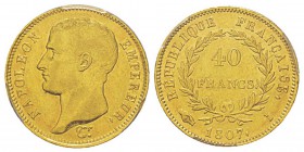 France, Premier Empire 1804-1814 40 Francs, Limoges, 1807 I, AU 12.9 g. Ref : G.1082a, Fr.485 Conservation : PCGS AU53. Quantité : 1859 ex.