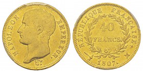 France, Premier Empire 1804-1814 40 Francs, Toulouse, 1807 M, AU 12.9 g. Ref : G.1082a, Fr.486 Conservation : PCGS AU53. Deuxième plus haut grade. Qua...