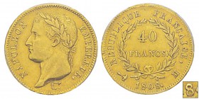 France, Premier Empire 1804-1814 40 Francs, Toulouse, 1808 M (var.8/7), AU 12.9 g. Ref : G.1083, Fr.496 Conservation : PCGS XF45. Quantité : 4226 ex. ...