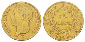 France, Premier Empire 1804-1814 40 Francs, Toulouse, 1809 M, AU 12.9 g. Ref : G.1084, Fr.507 Conservation : PCGS XF40. Quantité : 1402 ex. Très rare....