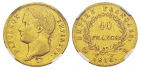 France, Premier Empire 1804-1814 40 Francs, Bordeaux, 1810 K, AU 12.9 g. Ref : G.1084, Fr.509 Conservation : NGC XF45. Quantité : 886 ex. Rarissime.