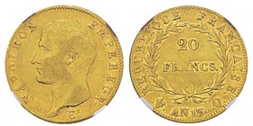 France, Premier Empire 1804-1814 20 Francs, Perpignan, AN13 Q, AU 6.45 g. Ref : G.1022, Fr. 489 Conservation : NGC XF45. Superbe exemplaire. Quantité ...