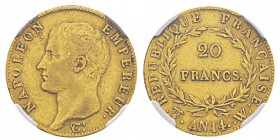 France, Premier Empire 1804-1814 20 Francs, Lille, AN14 W, AU 6.45 g. Ref : G.1022, Fr. 491 Conservation : NGC XF40. Le plus bel exemplaire gradé. Qua...