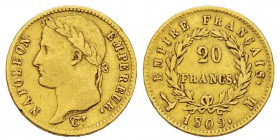 France, Premier Empire 1804-1814 20 Francs, Toulouse, 1809 M, AU 6.4 g. Ref : G.1025, Fr.516 Conservation : TTB Quantité : 5007 ex.