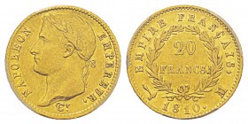 France, Premier Empire 1804-1814 20 Francs, Toulouse, 1810 M, AU 6.45 g. Ref : G.1025, Fr.516 Conservation : PCGS AU50 Quantité : 1983 ex. Rare.