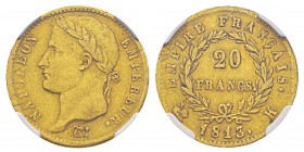 France, Premier Empire 1804-1814 20 Francs, Bordeaux, 1813 K, AU 6.45 g. Ref : G.1025, Fr. 513 Conservation : NGC XF45. Le plus bel exemplaire gradé. ...