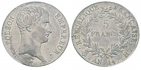 France, Premier Empire 1804-1814 5 Francs, La Rochelle, AN 14 H, AG 25 g. Ref : G.580 Conservation : PCGS AU50. Rare.
