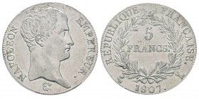 France, Premier Empire 1804-1814 5 Francs, Bayonne, 1807 L, AG 25 g. Ref : G.581 Conservation : PCGS AU55