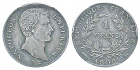 France, Premier Empire 1804-1814 1 Franc, Bordeaux, 1806 K, AG 5 g. Avers : NAPOLEON EMPEREUR. Tête nue à droite. Revers : REPUBLIQUE FRANCAISE. 1 / F...